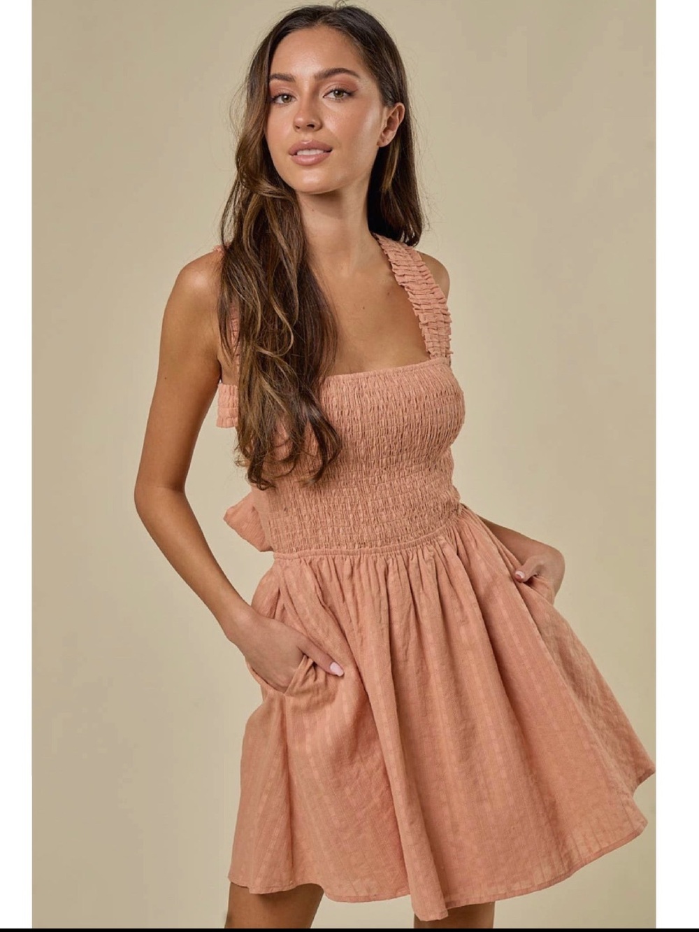 ENDLESS BLU Smocked Square-Neck Mini Dress in PEACH 💖💖